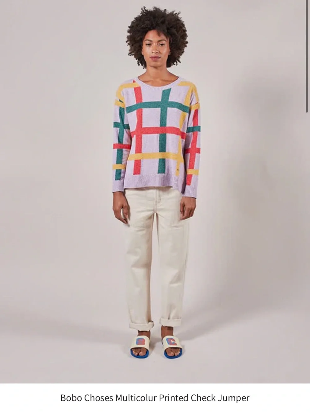Bobo Choses Lavender Crewneck Sweater with Red, Green and Yellow Plaid - Picture 1 of 11